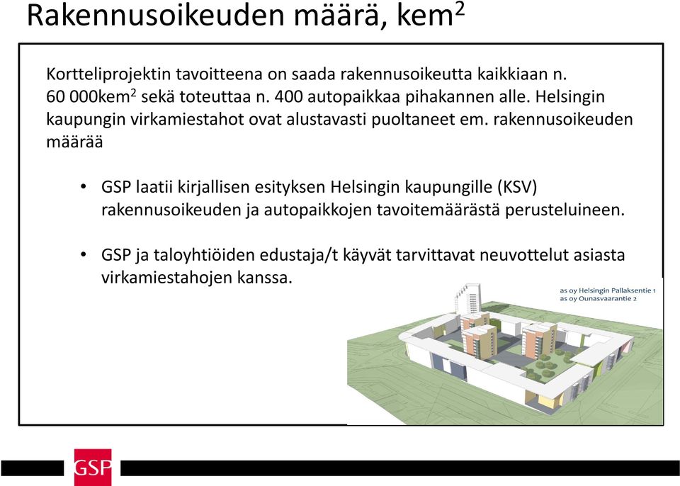 rakennusoikeuden määrää GSP laatii kirjallisen esityksen Helsingin kaupungille (KSV) rakennusoikeuden k ja autopaikkojen tavoitemäärästä