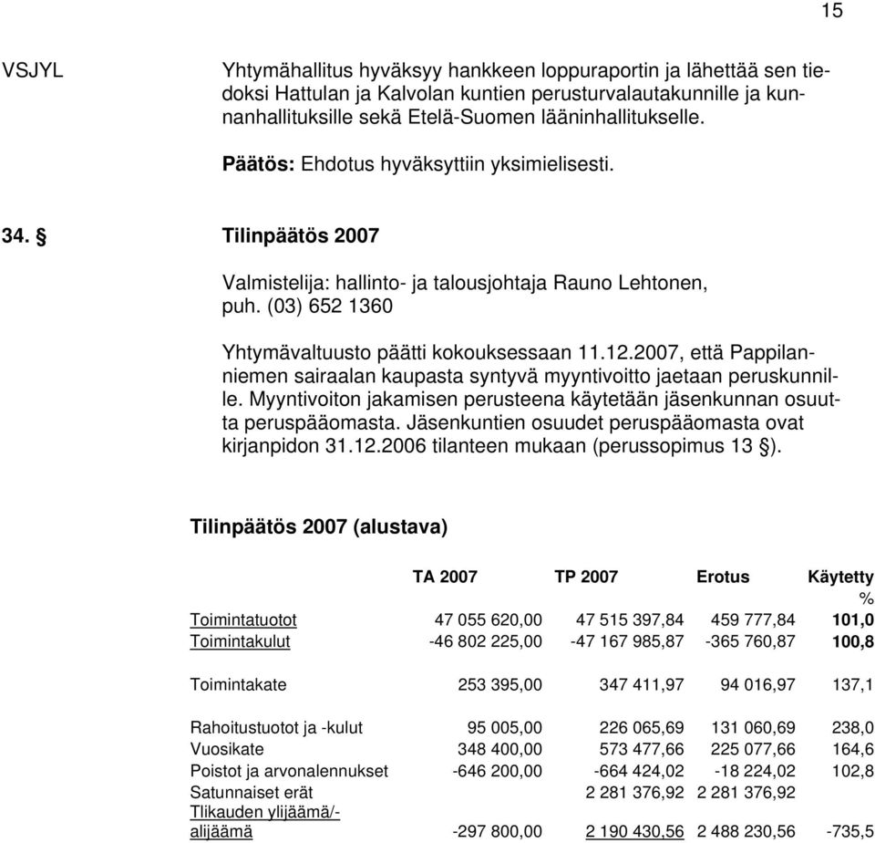 2007, että Pappilanniemen sairaalan kaupasta syntyvä myyntivoitto jaetaan peruskunnille. Myyntivoiton jakamisen perusteena käytetään jäsenkunnan osuutta peruspääomasta.