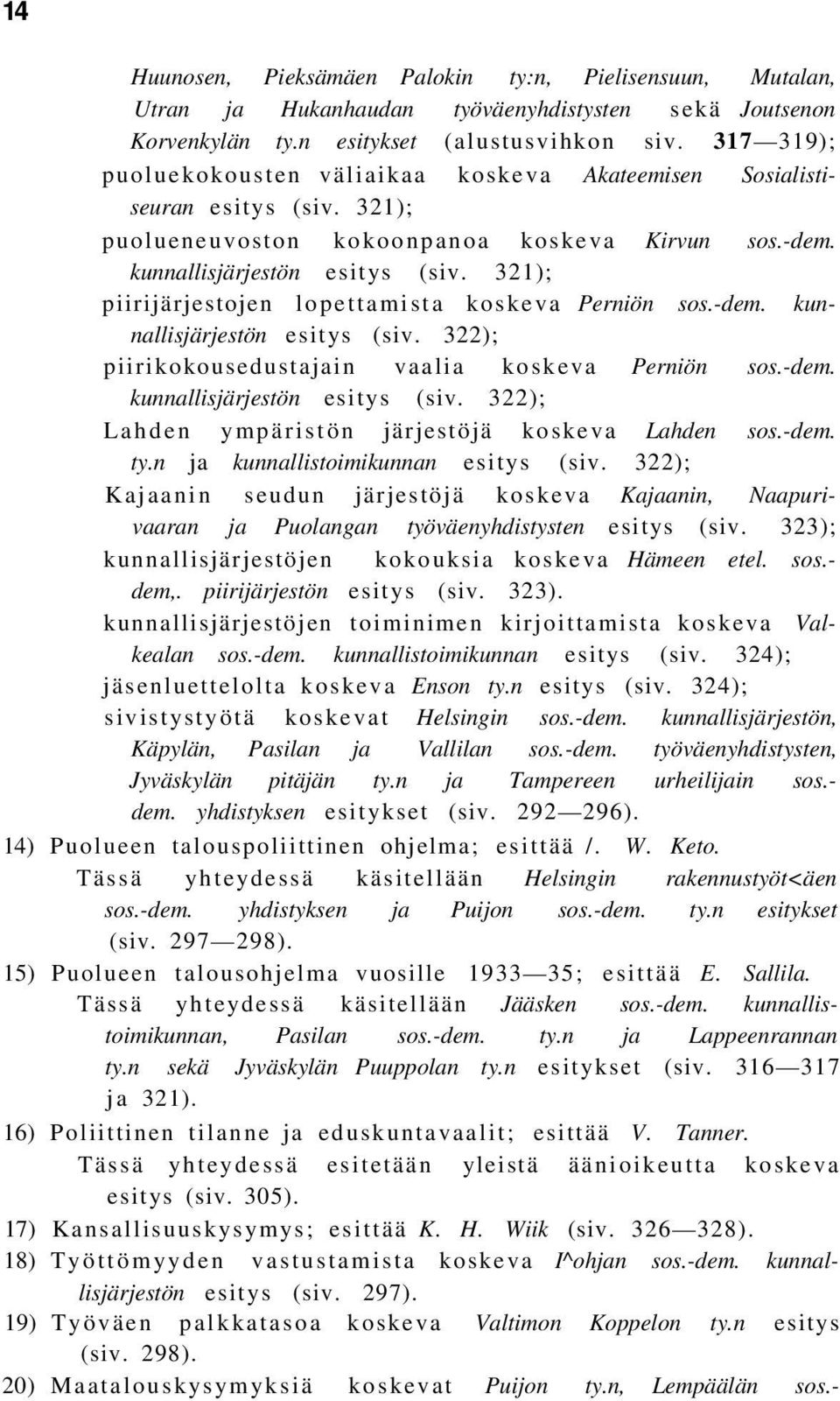 321); piirijärjestojen lopettamista koskeva Perniön sos.-dem. kunnallisjärjestön esitys (siv. 322); piirikokousedustajain vaalia koskeva Perniön sos.-dem. kunnallisjärjestön esitys (siv. 322); Lahden ympäristön järjestöjä koskeva Lahden sos.