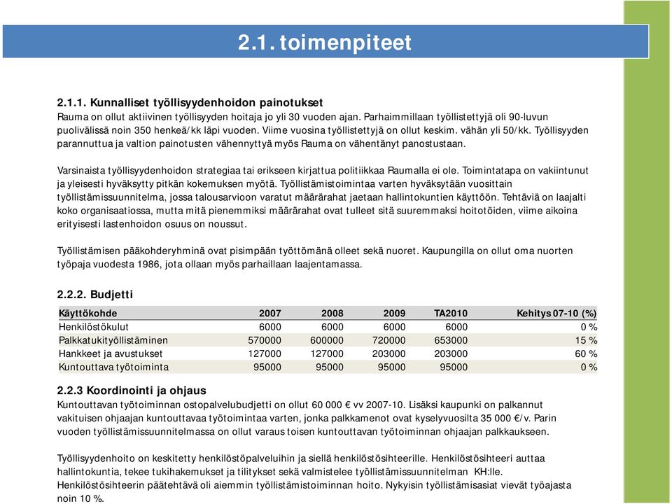 Työllisyyden parannuttua ja valtion painotusten vähennyttyä myös Rauma on vähentänyt panostustaan. Varsinaista työllisyydenhoidon strategiaa tai erikseen kirjattua politiikkaa Raumalla ei ole.