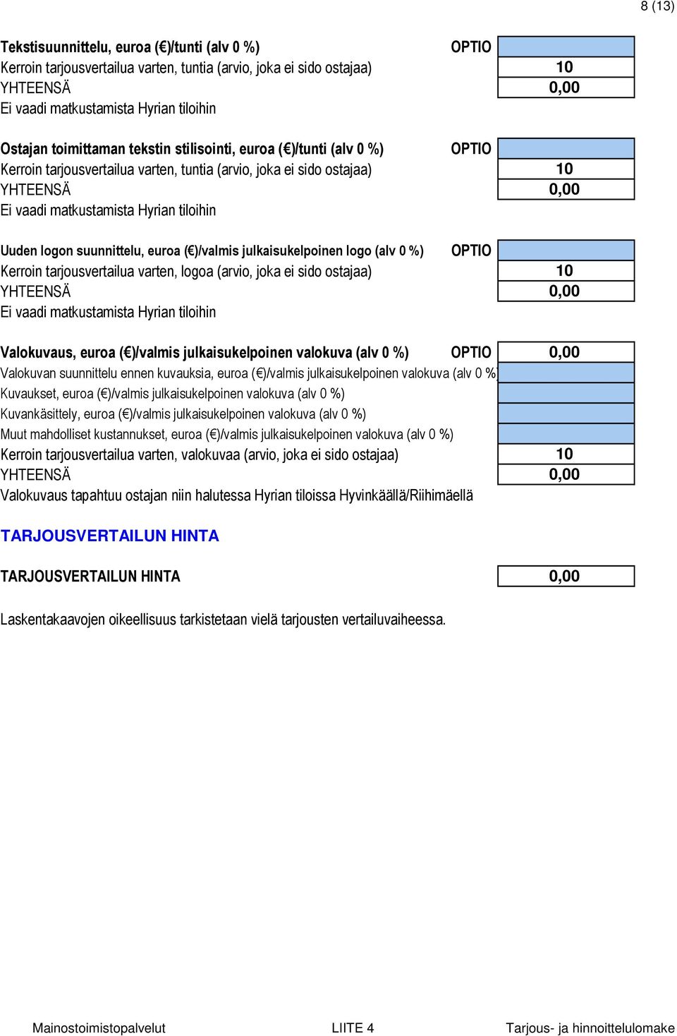 ostajaa) OPTIO OPTIO OPTIO 10 10 10 Valokuvaus, euroa ( )/valmis julkaisukelpoinen valokuva (alv 0 %) OPTIO Valokuvan suunnittelu ennen kuvauksia, euroa ( )/valmis julkaisukelpoinen valokuva (alv 0