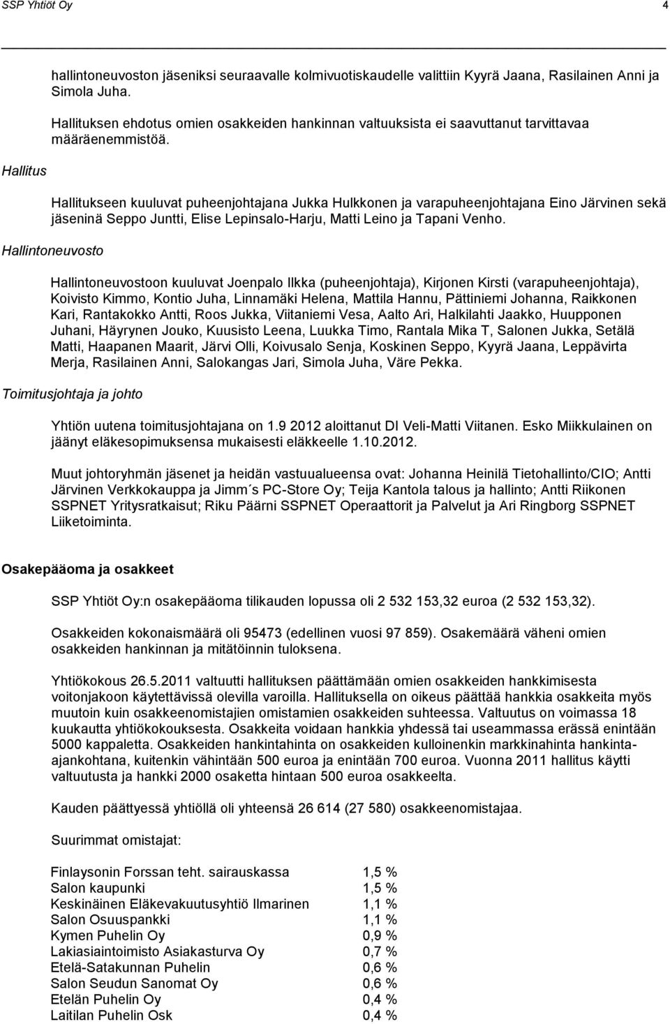 Hallitukseen kuuluvat puheenjohtajana Jukka Hulkkonen ja varapuheenjohtajana Eino Järvinen sekä jäseninä Seppo Juntti, Elise Lepinsalo-Harju, Matti Leino ja Tapani Venho.