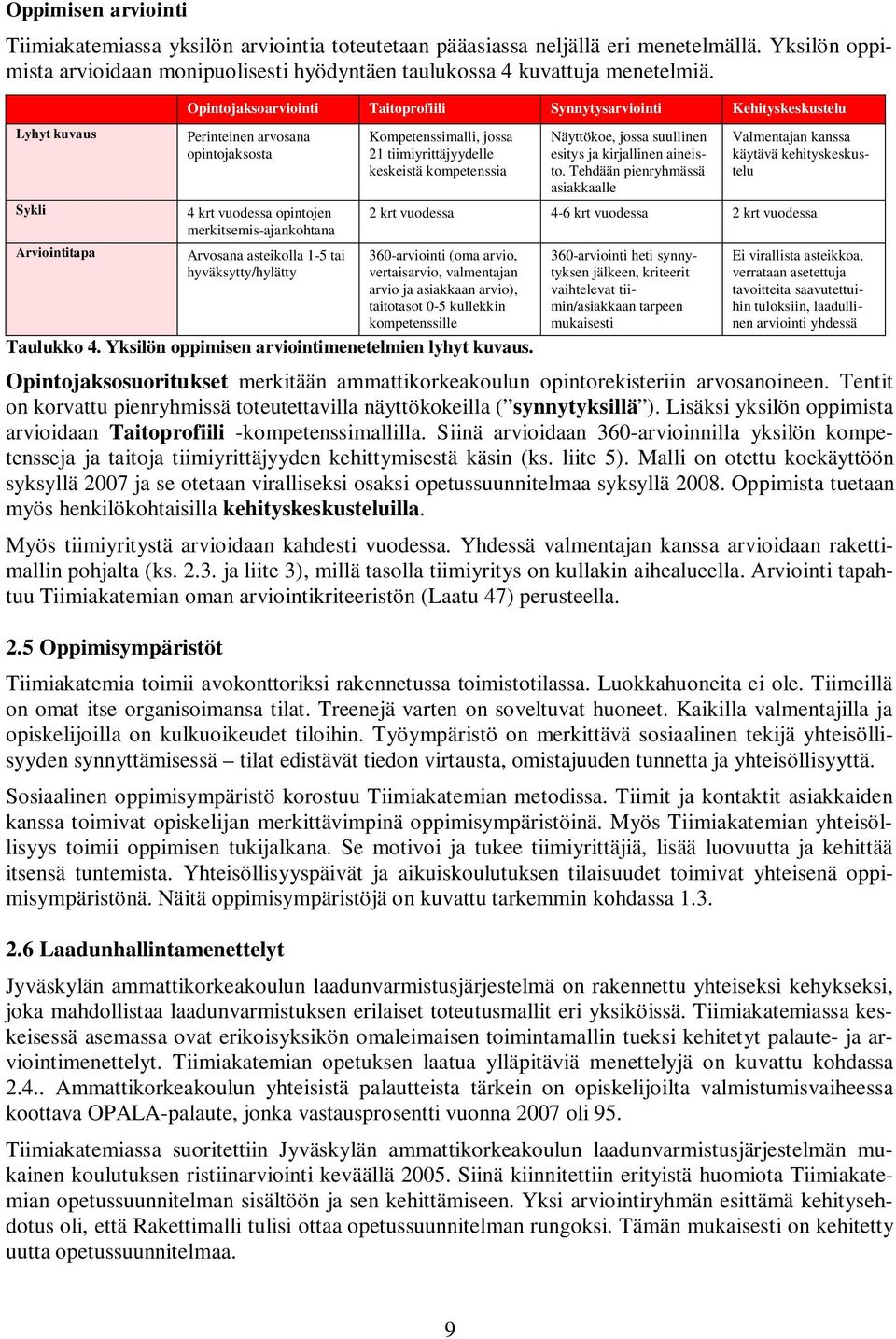 asteikolla 1-5 tai hyväksytty/hylätty Kompetenssimalli, jossa 21 tiimiyrittäjyydelle keskeistä kompetenssia Näyttökoe, jossa suullinen esitys ja kirjallinen aineisto.