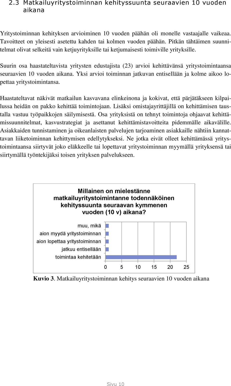 Suurin osa haastateltavista yritysten edustajista (23) arvioi kehittävänsä yritystoimintaansa seuraavien 10 vuoden aikana.