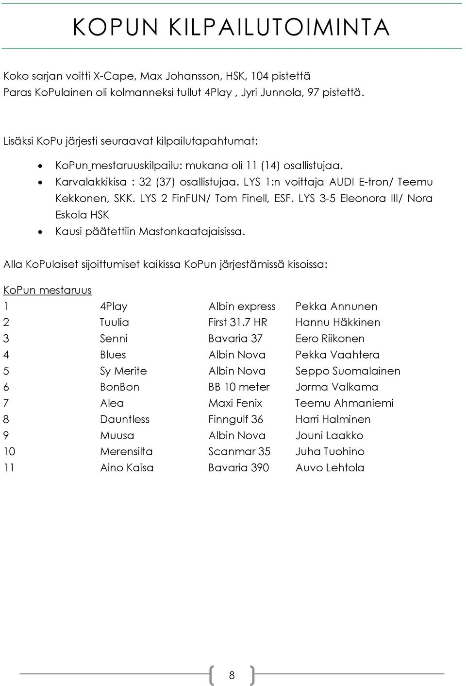 LYS 2 FinFUN/ Tom Finell, ESF. LYS 3-5 Eleonora III/ Nora Eskola HSK Kausi päätettiin Mastonkaatajaisissa.