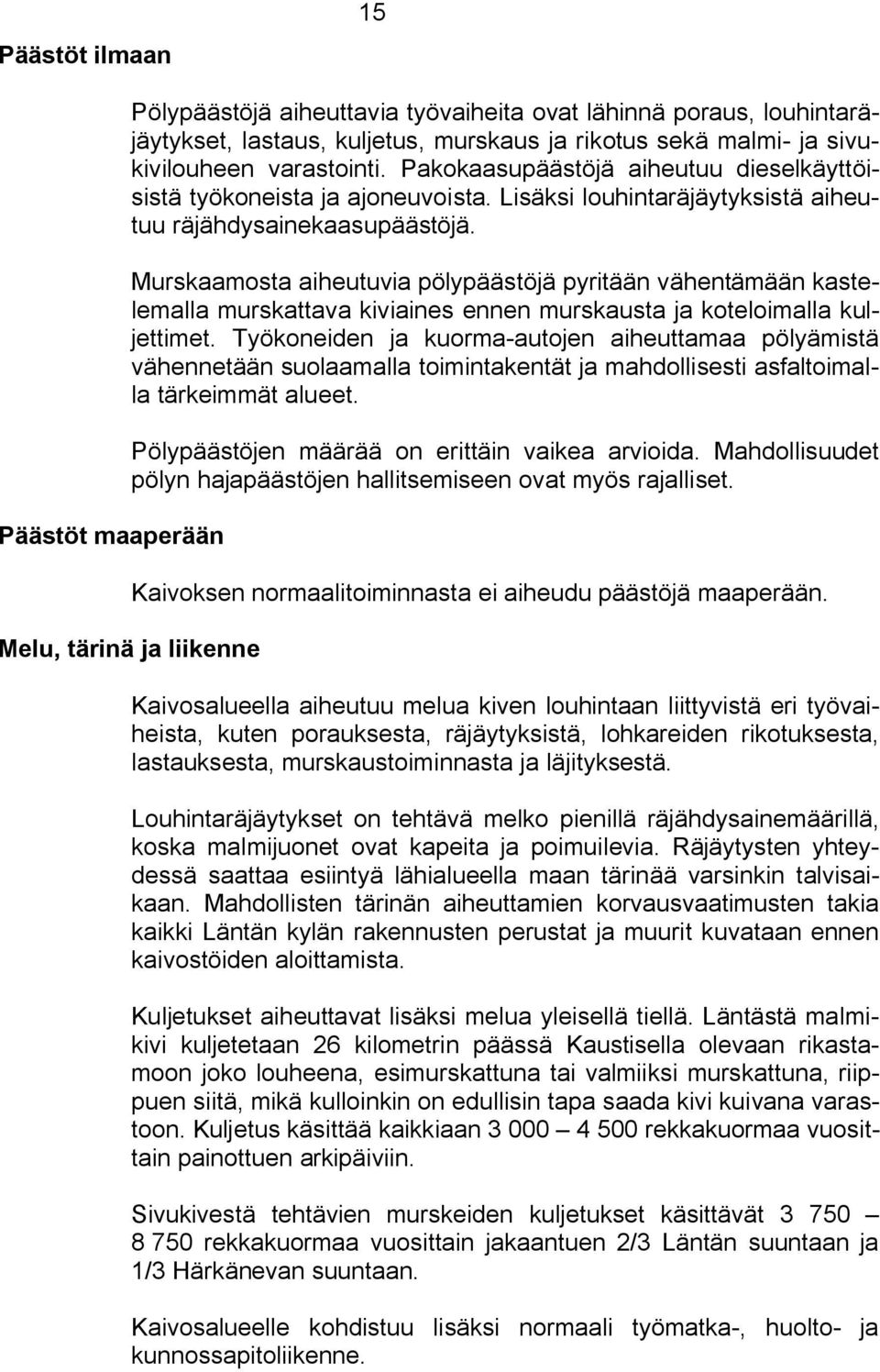 Murskaamosta aiheutuvia pölypäästöjä pyritään vähentämään kastelemalla murskattava kiviaines ennen murskausta ja koteloimalla kuljettimet.