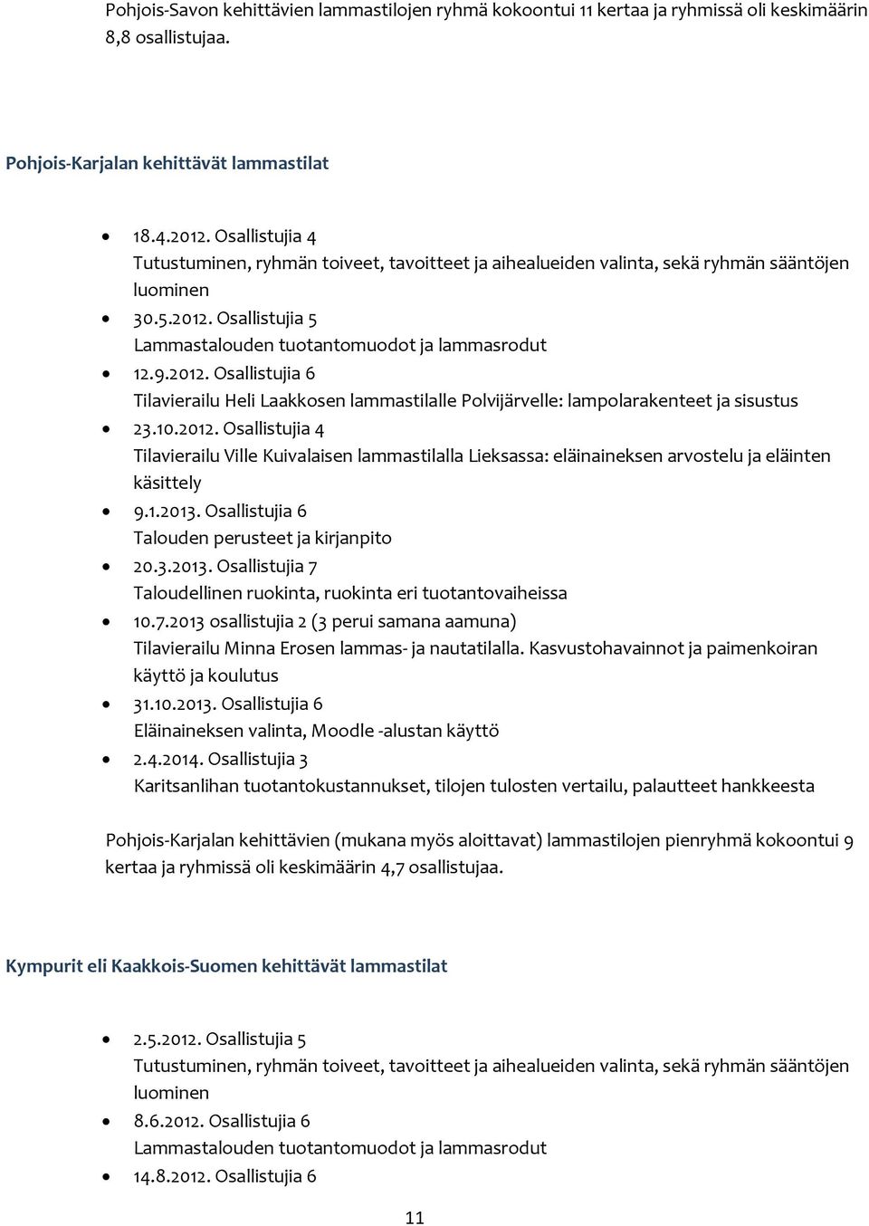 Osallistujia 5 Lammastalouden tuotantomuodot ja lammasrodut 12.9.2012. Osallistujia 6 Tilavierailu Heli Laakkosen lammastilalle Polvijärvelle: lampolarakenteet ja sisustus 23.10.2012. Osallistujia 4 Tilavierailu Ville Kuivalaisen lammastilalla Lieksassa: eläinaineksen arvostelu ja eläinten käsittely 9.