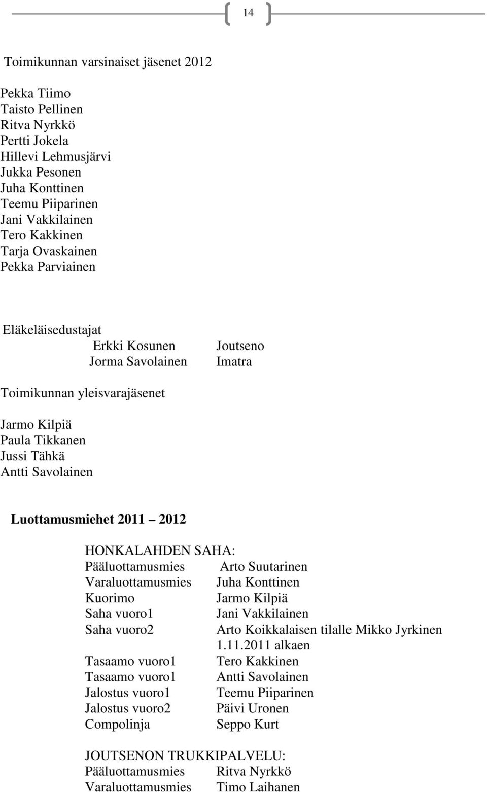 2011 2012 HONKALAHDEN SAHA: Pääluottamusmies Arto Suutarinen Varaluottamusmies Juha Konttinen Kuorimo Jarmo Kilpiä Saha vuoro1 Jani Vakkilainen Saha vuoro2 Arto Koikkalaisen tilalle Mikko Jyrkinen 1.