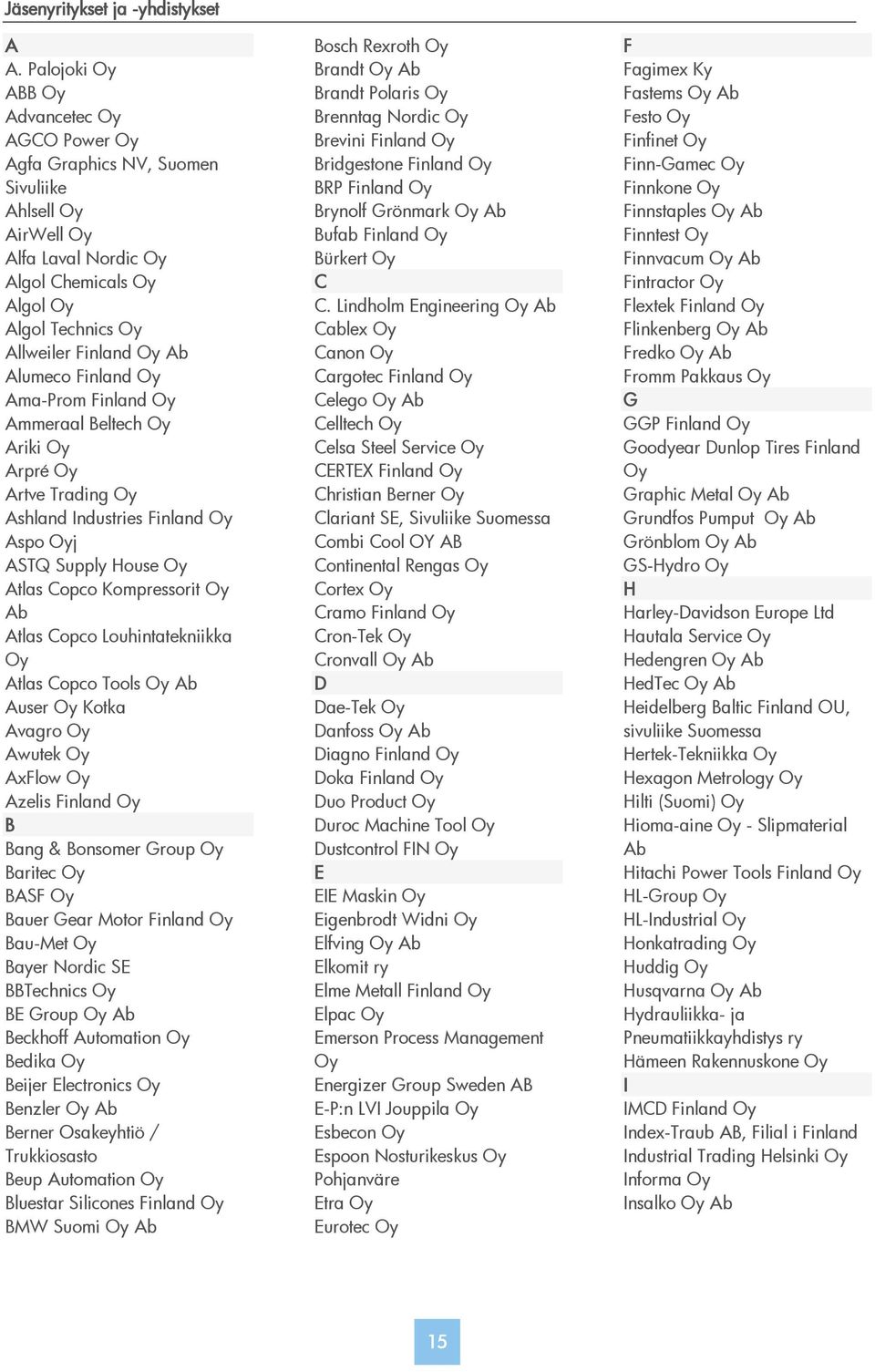 Ammeraal Beltech Ariki Arpré Artve Trading Ashland Industries Finland Aspo j ASTQ Supply House Atlas Copco Kompressorit Ab Atlas Copco Louhintatekniikka Atlas Copco Tools Ab Auser Kotka Avagro Awutek