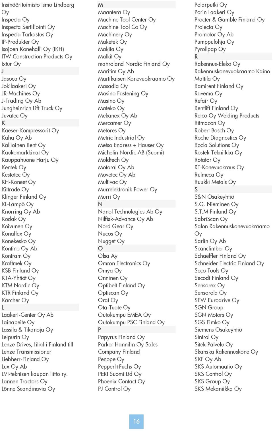 Konaflex Konekesko Kontino Ab Kontram Kraftmek KSB Finland KTA-Yhtiöt KTM Nordic KTR Finland Kärcher L Laakeri-Center Ab Lainapeite Lassila & Tikanoja Leipurin Lenze Drives, filial i Finland till