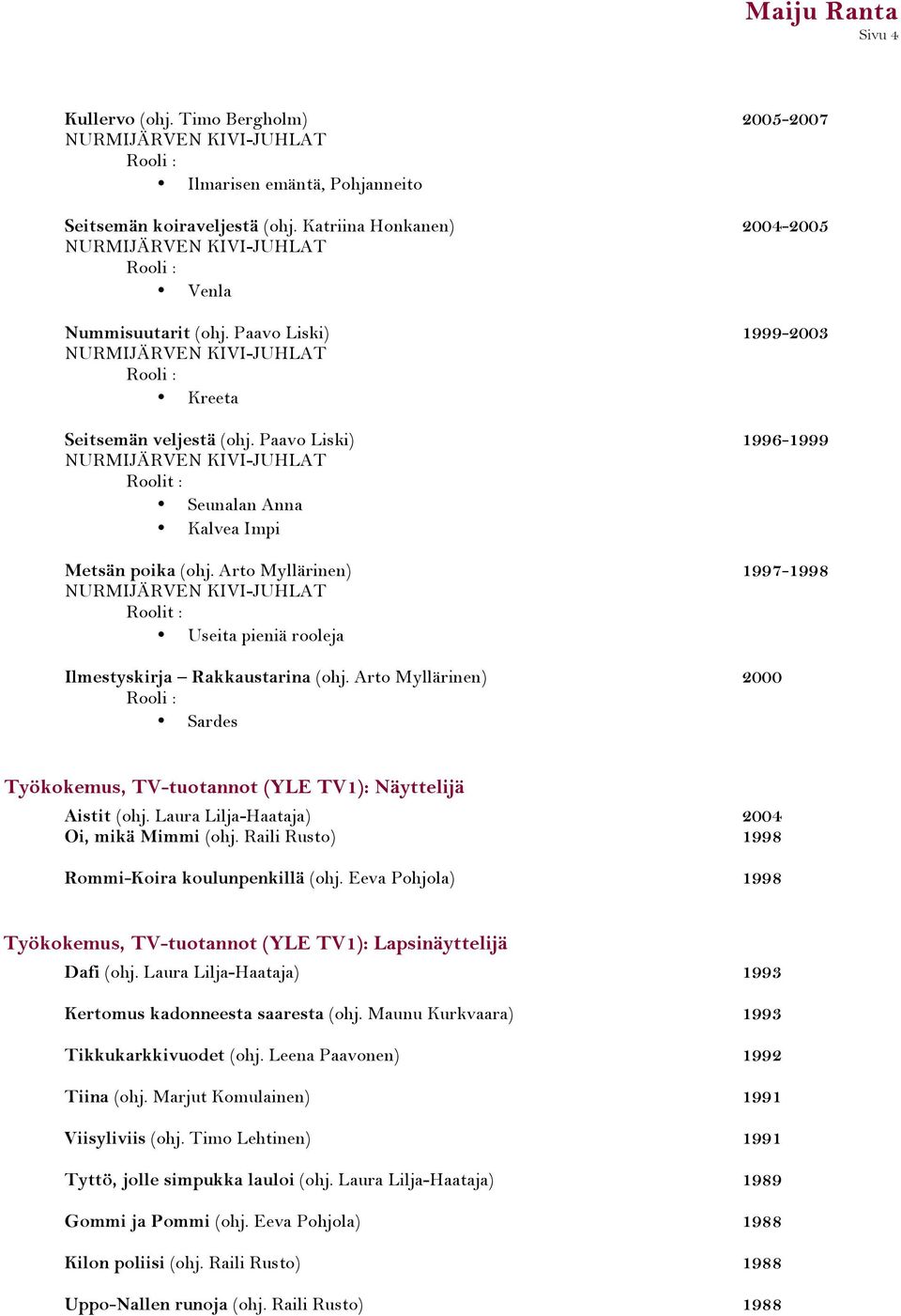 Arto Myllärinen) 1997-1998 Roolit : Useita pieniä rooleja Ilmestyskirja Rakkaustarina (ohj. Arto Myllärinen) 2000 Sardes Työkokemus, TV-tuotannot (YLE TV1): Näyttelijä Aistit (ohj.