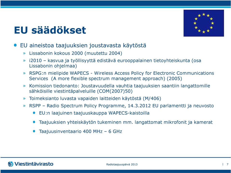 vauhtia taajuuksien saantiin langattomille sähköisille viestintäpalveluille (COM(2007)50)» Toimeksianto luvasta vapaiden laitteiden käytöstä (M/406)» RSPP Radio Spectrum Policy Programme, 14.3.