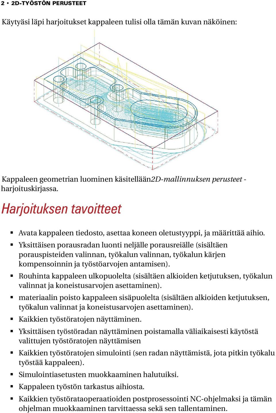 Yksittäisen porausradan luonti neljälle porausreiälle (sisältäen porauspisteiden valinnan, työkalun valinnan, työkalun kärjen kompensoinnin ja työstöarvojen antamisen).