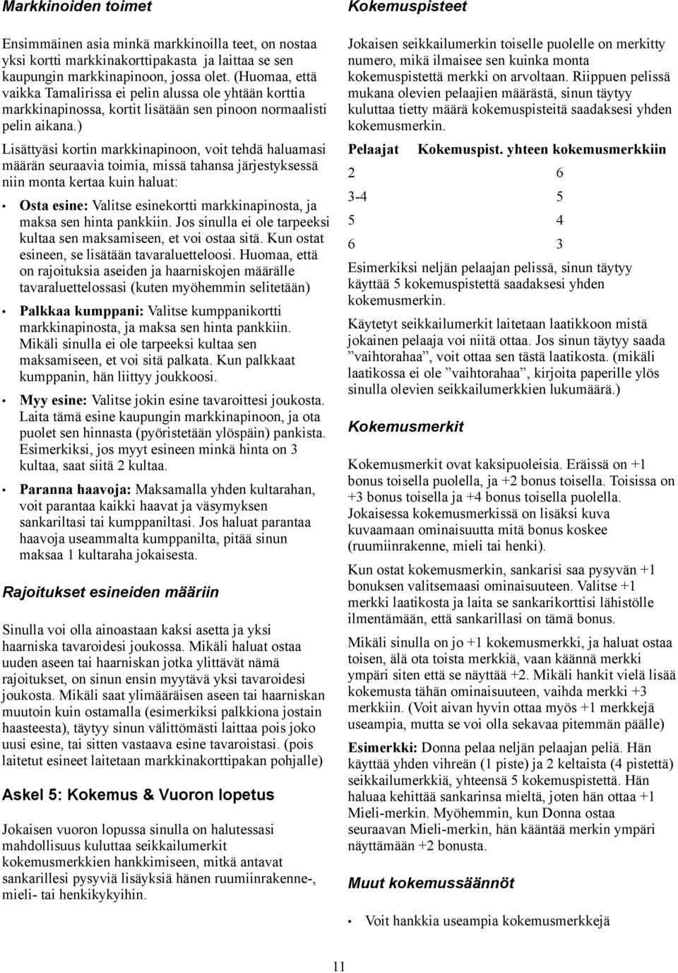 ) Lisättyäsi kortin markkinapinoon, voit tehdä haluamasi määrän seuraavia toimia, missä tahansa järjestyksessä niin monta kertaa kuin haluat: Osta esine: Valitse esinekortti markkinapinosta, ja maksa