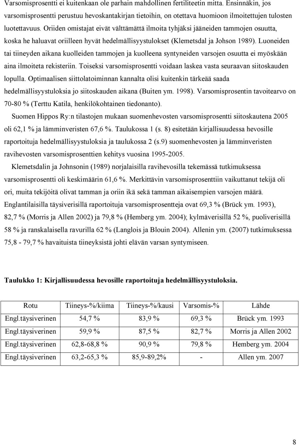 Oriiden omistajat eivät välttämättä ilmoita tyhjäksi jääneiden tammojen osuutta, koska he haluavat oriilleen hyvät hedelmällisyystulokset (Klemetsdal ja Johson 1989).