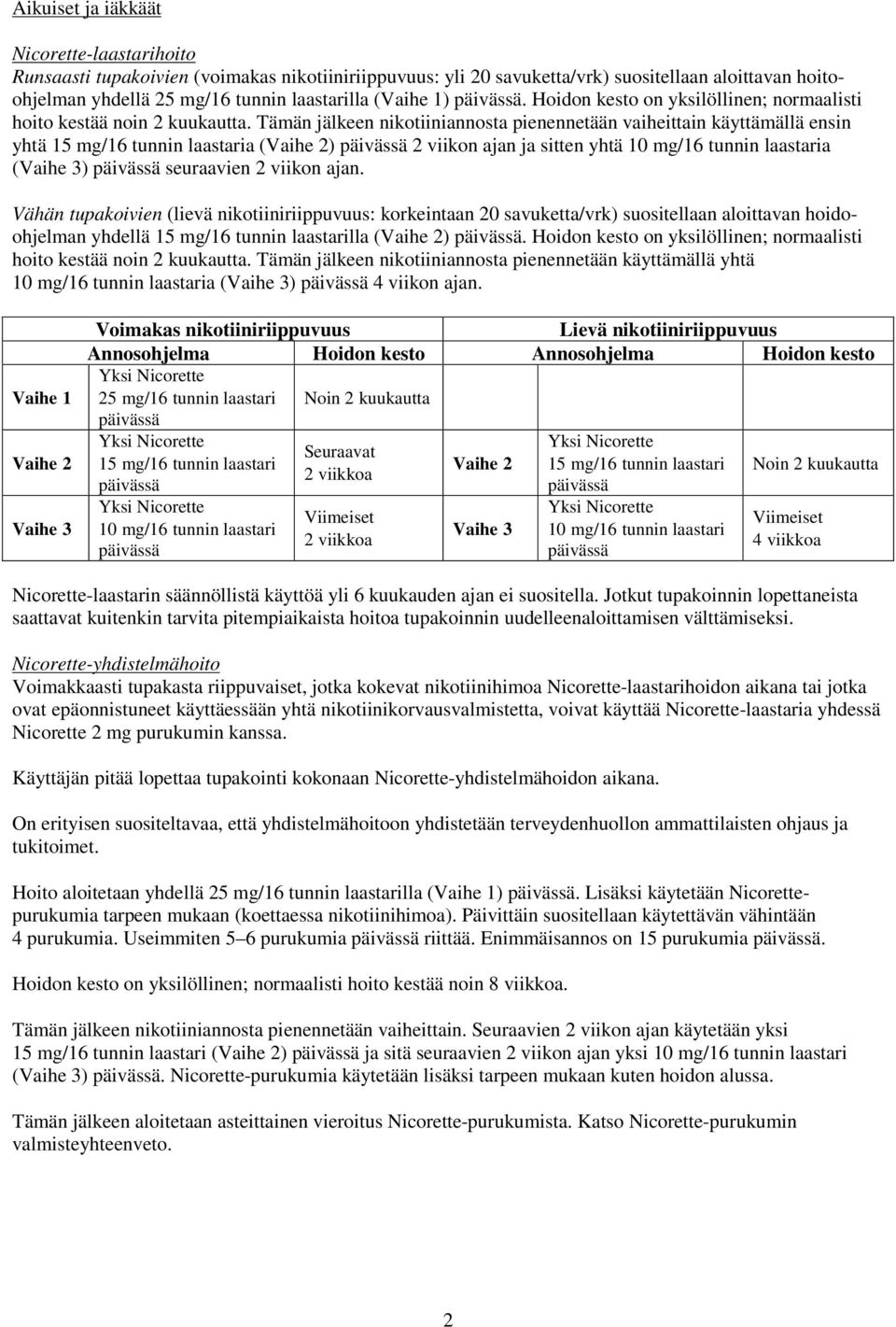 Tämän jälkeen nikotiiniannosta pienennetään vaiheittain käyttämällä ensin yhtä 15 mg/16 tunnin laastaria (Vaihe 2) 2 viikon ajan ja sitten yhtä 10 mg/16 tunnin laastaria (Vaihe 3) seuraavien 2 viikon