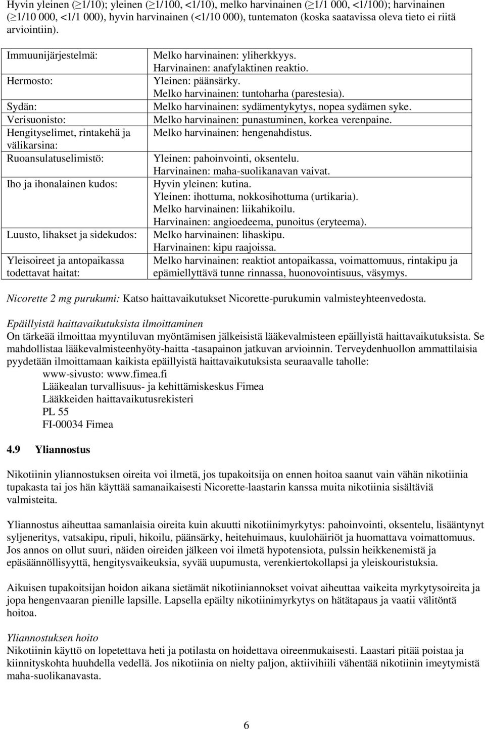 Immuunijärjestelmä: Hermosto: Sydän: Verisuonisto: Hengityselimet, rintakehä ja välikarsina: Ruoansulatuselimistö: Iho ja ihonalainen kudos: Luusto, lihakset ja sidekudos: Yleisoireet ja antopaikassa