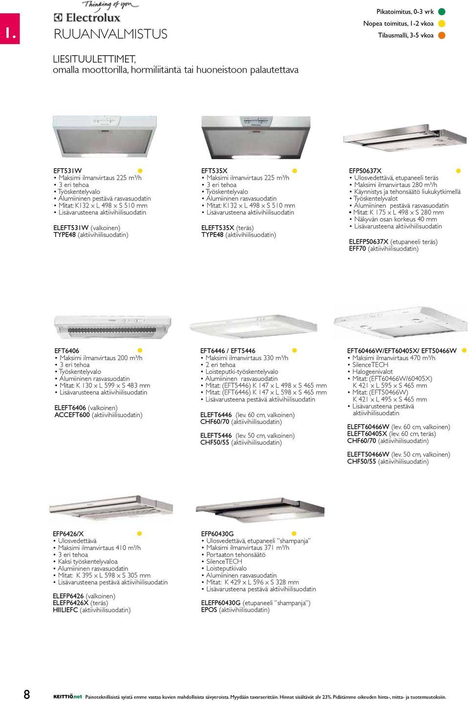 Alumiininen rasvasuodatin Mitat: K132 x L 498 x S 510 mm Lisävarusteena aktiivihiilisuodatin ELEFT535X (teräs) TYPE48 (aktiivihiilisuodatin) EFP50637X Ulosvedettävä, etupaneeli teräs Maksimi