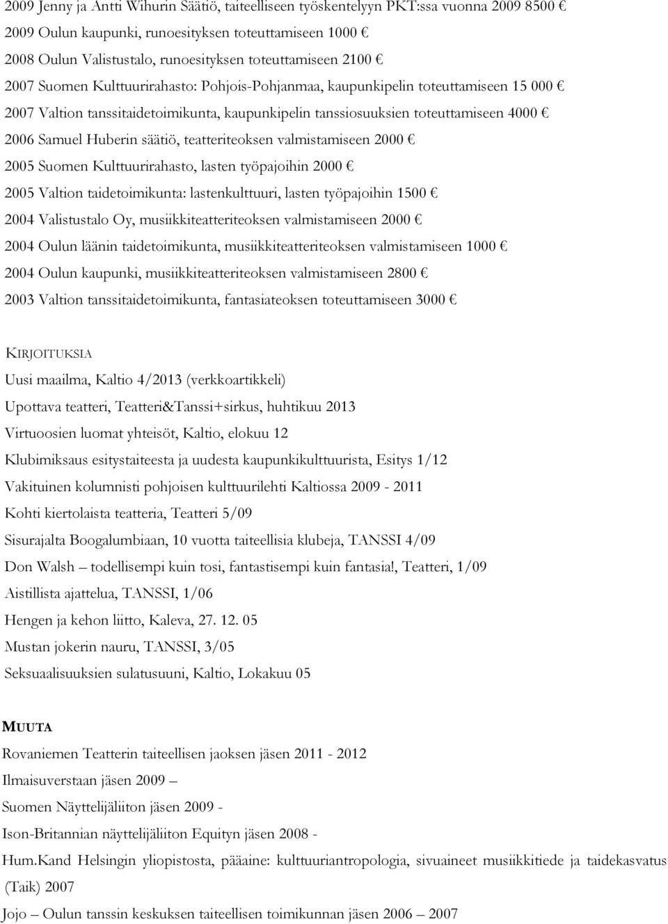 säätiö, teatteriteoksen valmistamiseen 2000 2005 Suomen Kulttuurirahasto, lasten työpajoihin 2000 2005 Valtion taidetoimikunta: lastenkulttuuri, lasten työpajoihin 1500 2004 Valistustalo Oy,