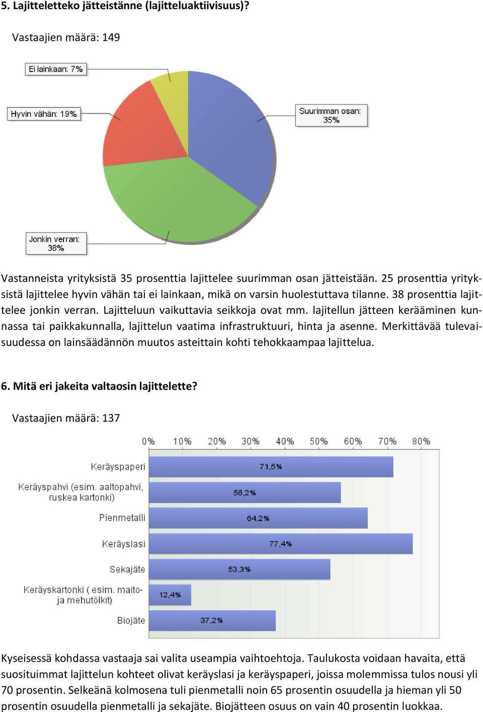 lajitellun jätteen kerääminen kunnassa tai paikkakunnalla, lajittelun vaatima infrastruktuuri, hinta ja asenne.