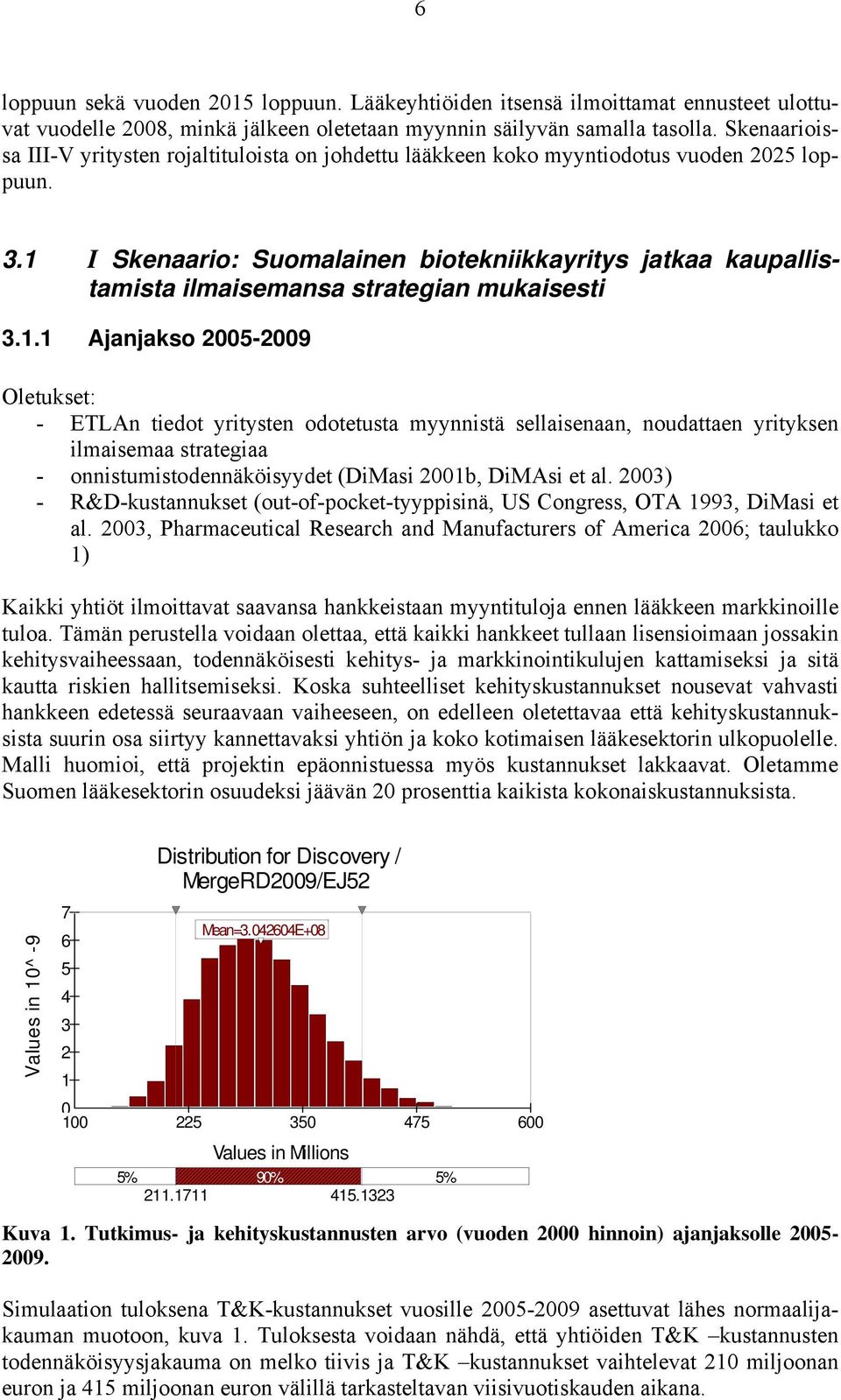 1 I Skenaario: Suomalainen biotekniikkayritys jatkaa kaupallistamista ilmaisemansa strategian mukaisesti 3.1.1 Ajanjakso 2005-2009 Oletukset: - ETLAn tiedot yritysten odotetusta myynnistä sellaisenaan, noudattaen yrityksen ilmaisemaa strategiaa - onnistumistodennäköisyydet (DiMasi 2001b, DiMAsi et al.