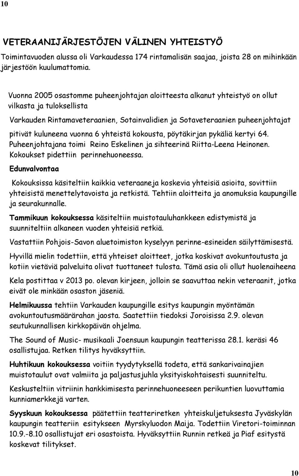 vuonna 6 yhteistä kokousta, pöytäkirjan pykäliä kertyi 64. Puheenjohtajana toimi Reino Eskelinen ja sihteerinä Riitta-Leena Heinonen. Kokoukset pidettiin perinnehuoneessa.