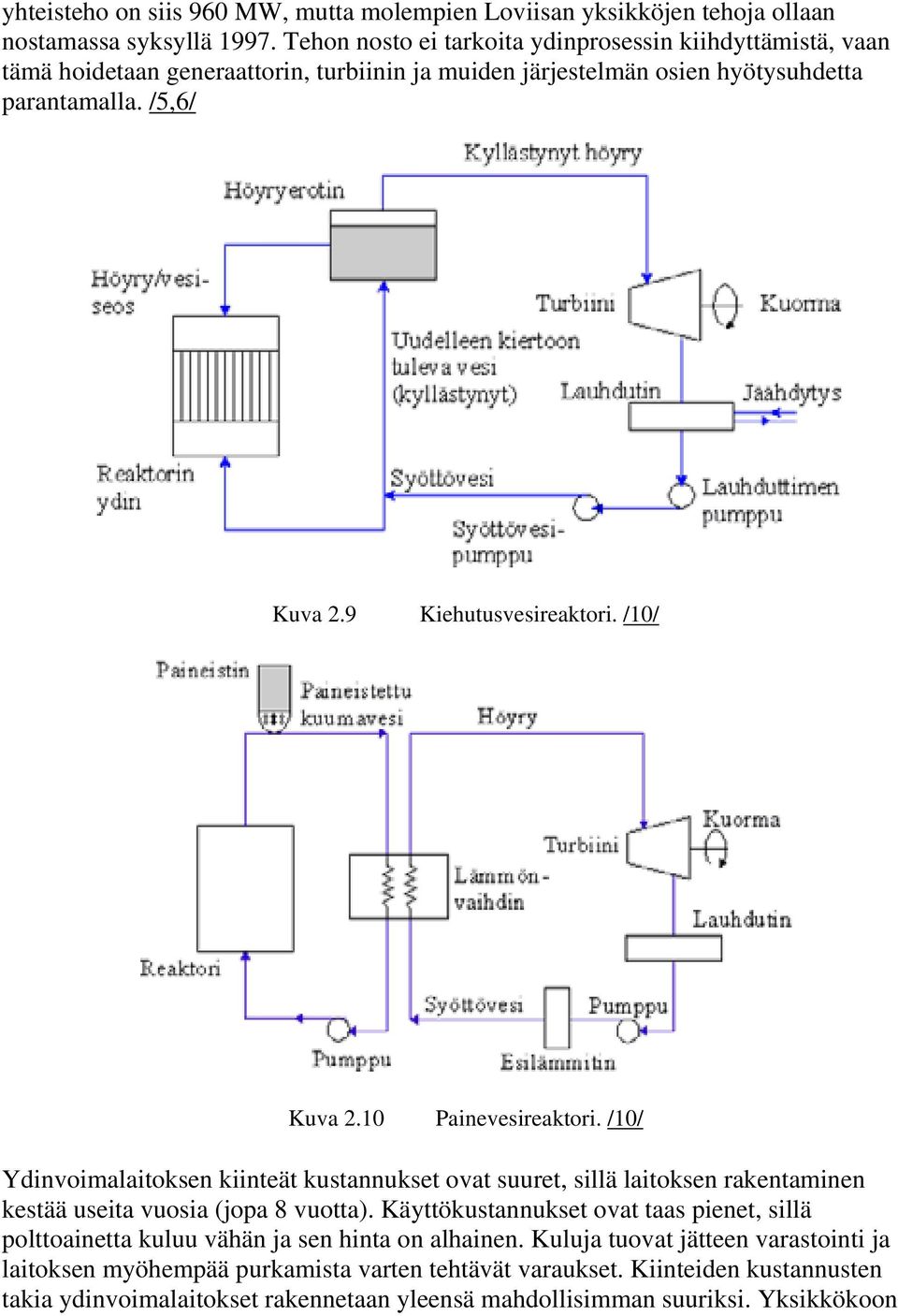 9 Kiehutusvesireaktori. /10/ Kuva 2.10 Painevesireaktori. /10/ Ydinvoimalaitoksen kiinteät kustannukset ovat suuret, sillä laitoksen rakentaminen kestää useita vuosia (jopa 8 vuotta).