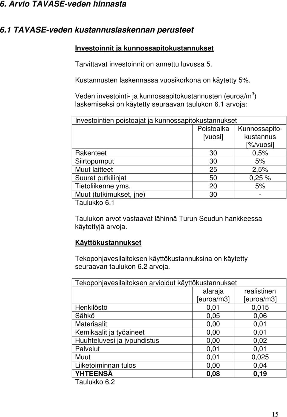 1 arvoja: Investointien poistoajat ja kunnossapitokustannukset Poistoaika [vuosi] Kunnossapitokustannus [%/vuosi] Rakenteet 30 0,5% Siirtopumput 30 5% Muut laitteet 25 2,5% Suuret putkilinjat 50 0,25