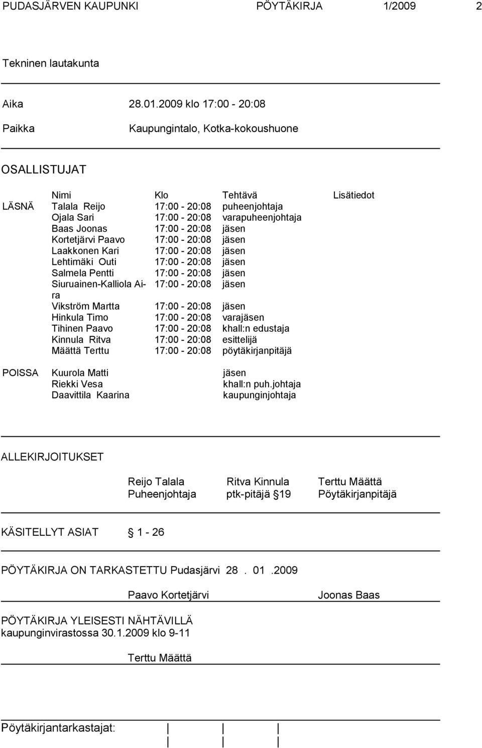 17:00-20:08 jäsen Kortetjärvi Paavo 17:00-20:08 jäsen Laakkonen Kari 17:00-20:08 jäsen Lehtimäki Outi 17:00-20:08 jäsen Salmela Pentti 17:00-20:08 jäsen Siuruainen-Kalliola Aira 17:00-20:08 jäsen