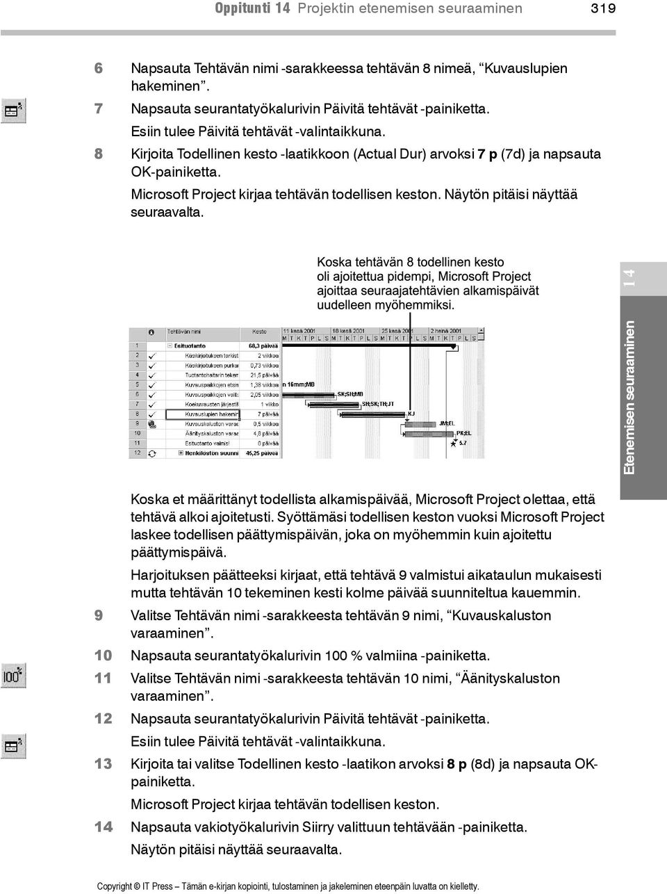 Näytön pitäisi näyttää seuraavalta. Etenemisen seuraaminen 14 Koska et määrittänyt todellista alkamispäivää, Microsoft Project olettaa, että tehtävä alkoi ajoitetusti.