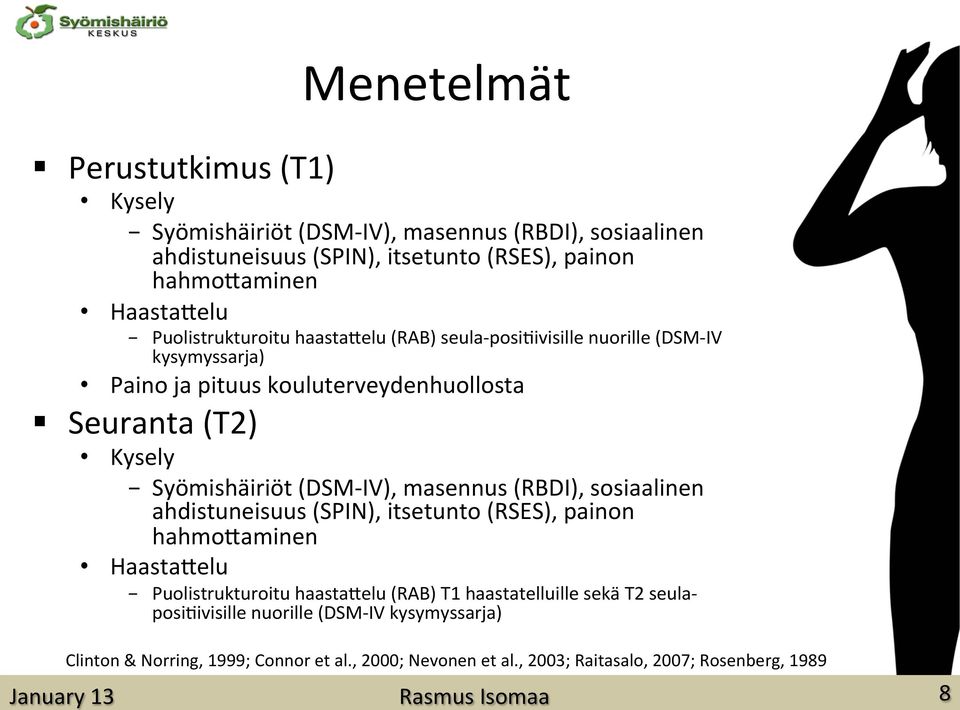 (DSM- IV), masennus (RBDI), sosiaalinen ahdistuneisuus (SPIN), itsetunto (RSES), painon hahmodaminen HaastaDelu Puolistrukturoitu haastadelu (RAB) T1