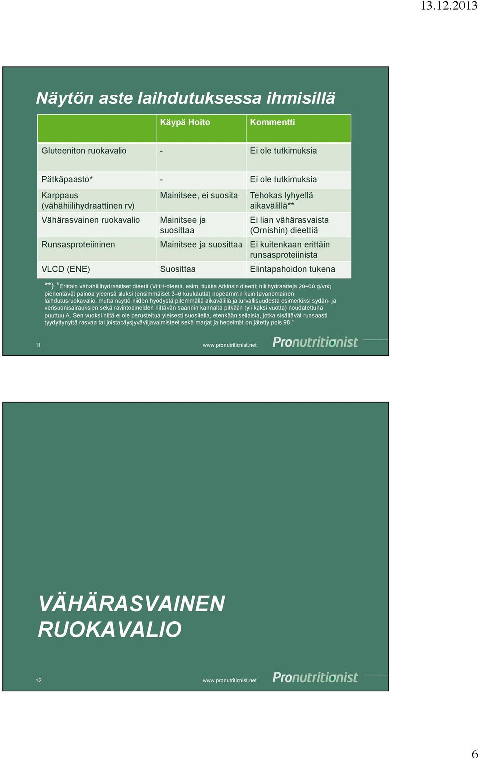 runsasproteiinista VLCD (ENE) Suosittaa Elintapahoidon tukena **) Erittäin vähähiilihydraattiset dieetit (VHH-dieetit, esim.