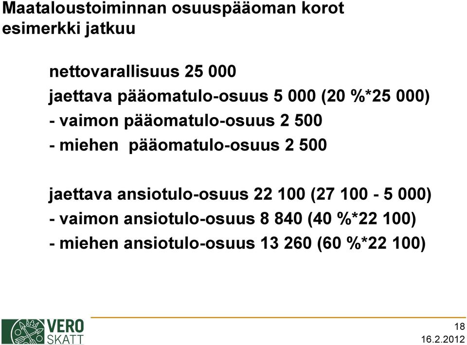 miehen pääomatulo-osuus 2 500 jaettava ansiotulo-osuus 22 100 (27 100-5 000) -