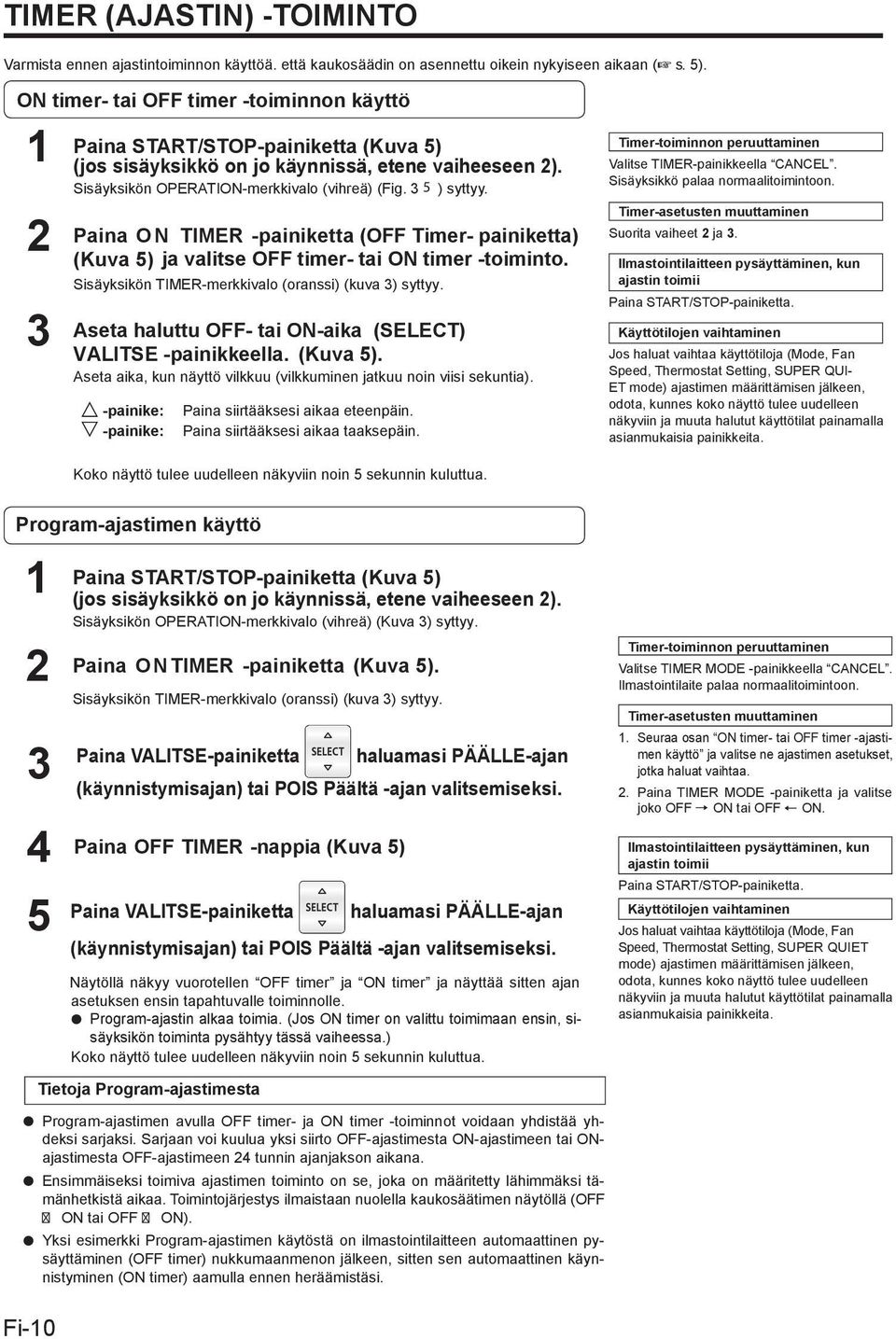 3 5 ) syttyy. Paina ON TIMER -painiketta (OFF Timer- painiketta) (Kuva 5) ja valitse OFF timer- tai ON timer -toiminto. Sisäyksikön TIMER-merkkivalo (oranssi) (kuva 3) syttyy.