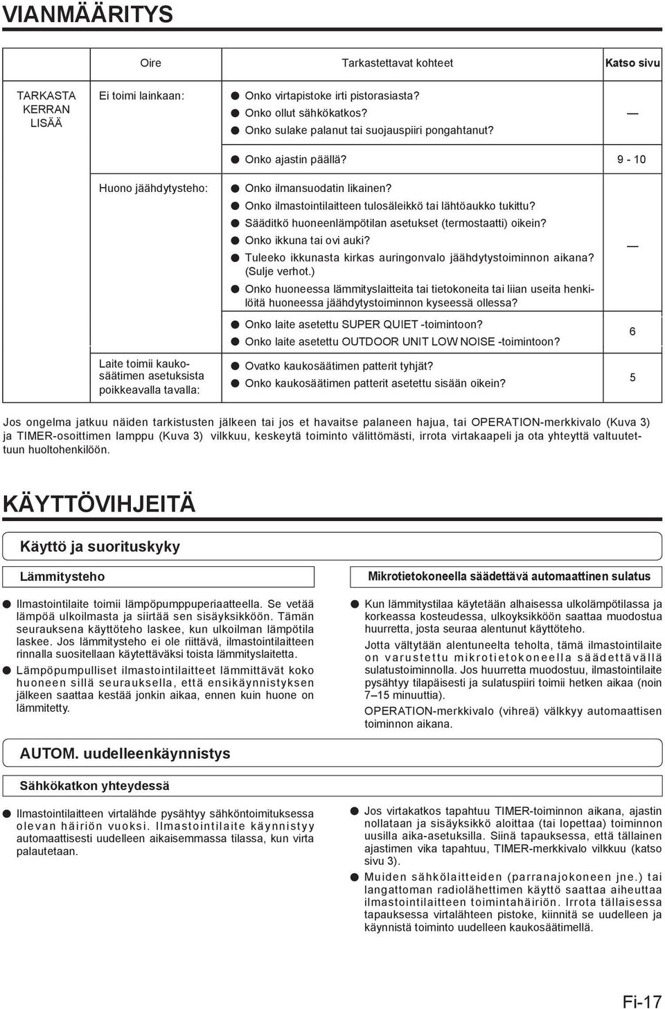 Sääditkö huoneenlämpötilan asetukset (termostaatti) oikein? Onko ikkuna tai ovi auki? Tuleeko ikkunasta kirkas auringonvalo jäähdytystoiminnon aikana? (Sulje verhot.