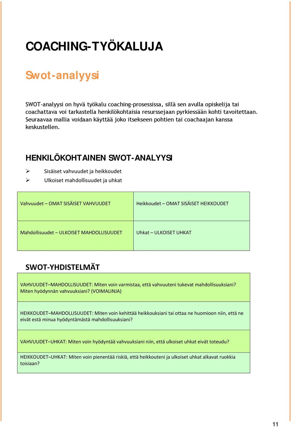 HENKILÖKOHTAINEN SWOT-ANALYYSI Sisäiset vahvuudet ja heikkoudet Ulkoiset mahdollisuudet ja uhkat Vahvuudet OMAT SISÄISET VAHVUUDET Heikkoudet OMAT SISÄISET HEIKKOUDET Mahdollisuudet ULKOISET