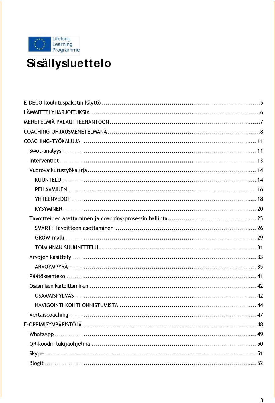 .. 20 Tavoitteiden asettaminen ja coaching-prosessin hallinta... 25 SMART: Tavoitteen asettaminen... 26 GROW-malli... 29 TOIMINNAN SUUNNITTELU... 31 Arvojen käsittely.