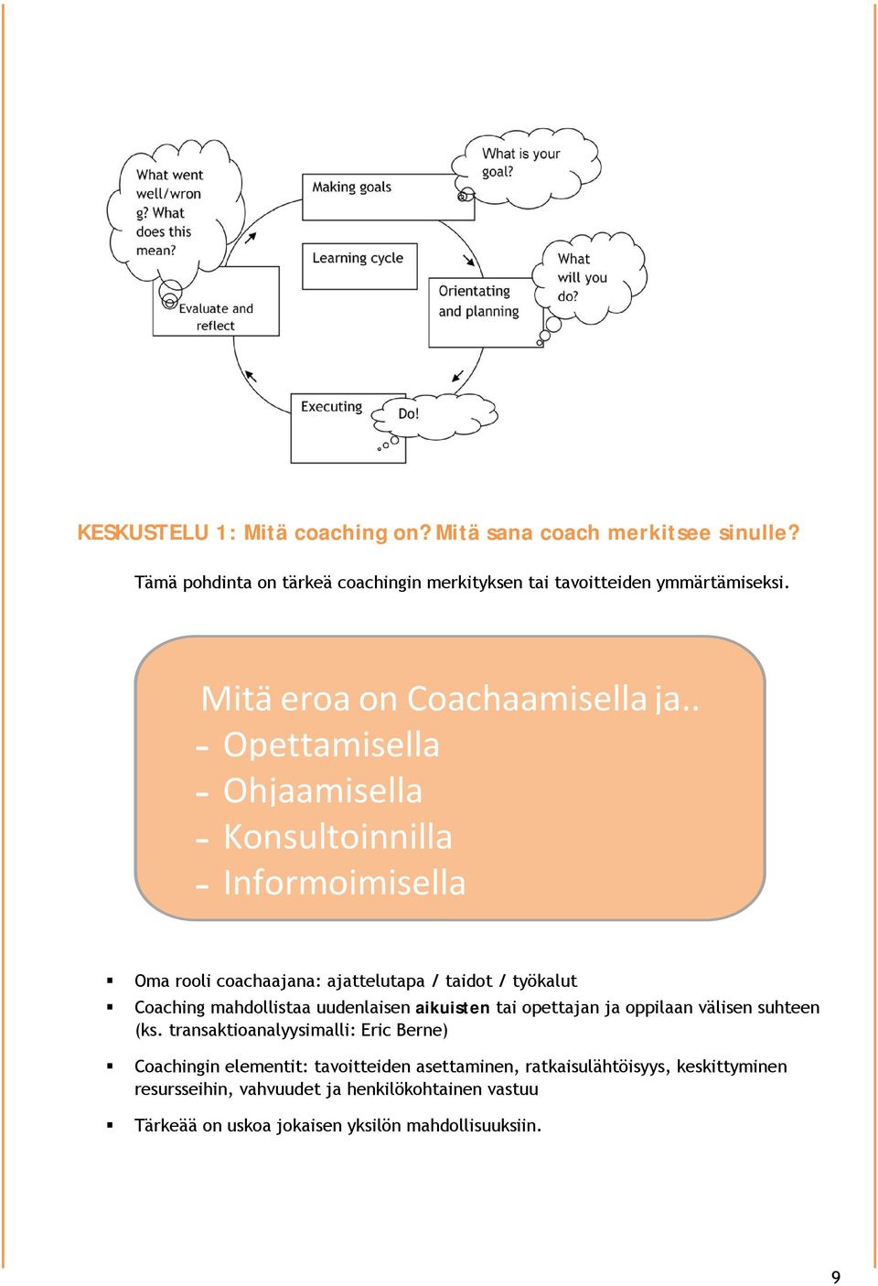 . Opettamisella Ohjaamisella Konsultoinnilla Informoimisella Oma rooli coachaajana: ajattelutapa / taidot / työkalut Coaching mahdollistaa uudenlaisen