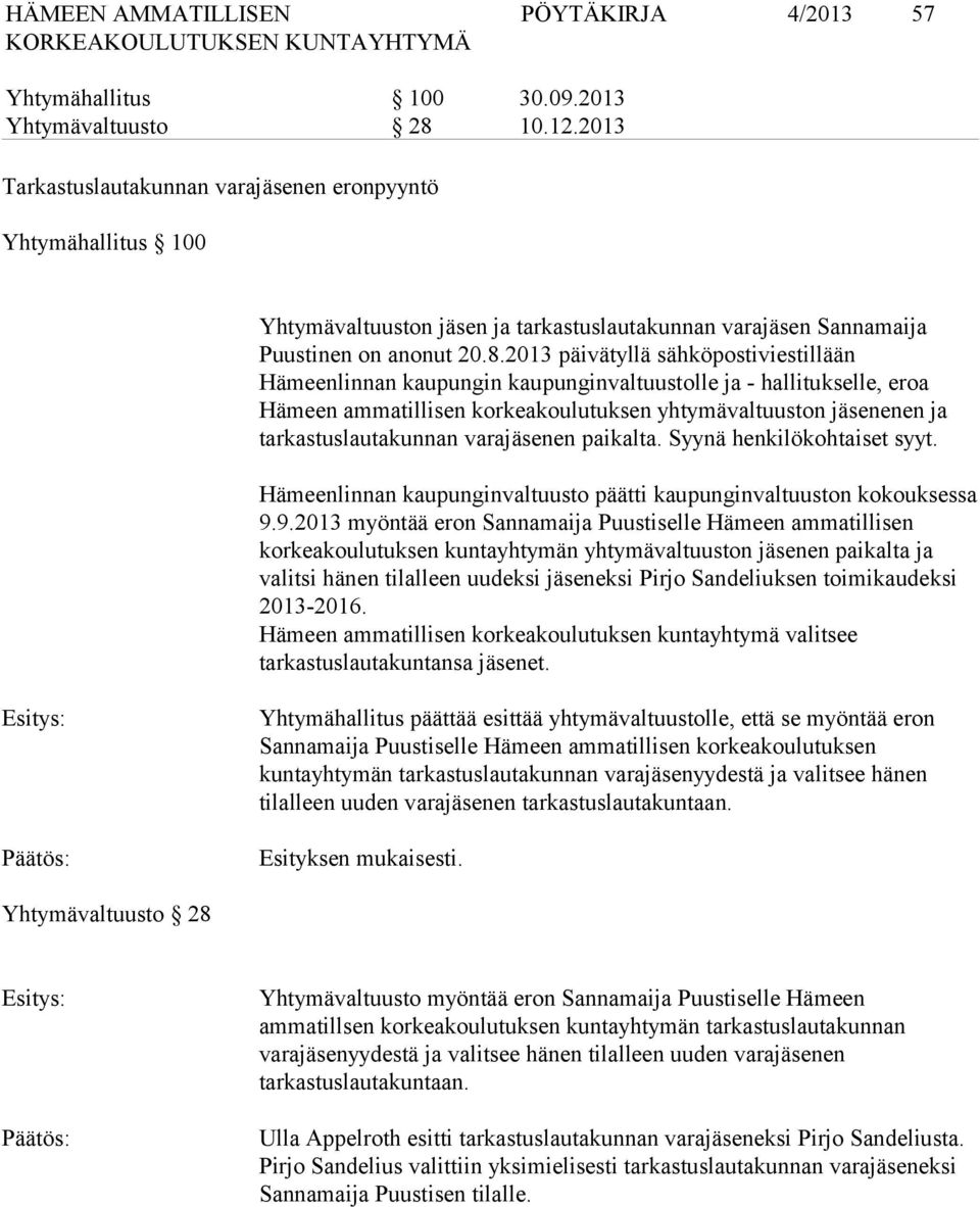 2013 päivätyllä sähköpostiviestillään Hämeenlinnan kaupungin kaupunginvaltuustolle ja - hallitukselle, eroa Hämeen ammatillisen korkeakoulutuksen yhtymävaltuuston enen ja tarkastuslautakunnan varaen