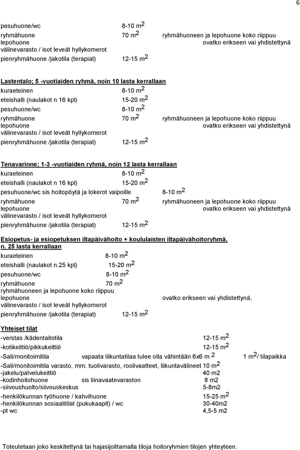 lepohuone koko riippuu lepohuone ovatko erikseen vai yhdistettynä välinevarasto / isot leveät hyllykomerot pienryhmähuone /jakotila (terapiat) 12-15 m 2 Tenavarinne; 1-3 -vuotiaiden ryhmä, noin 12