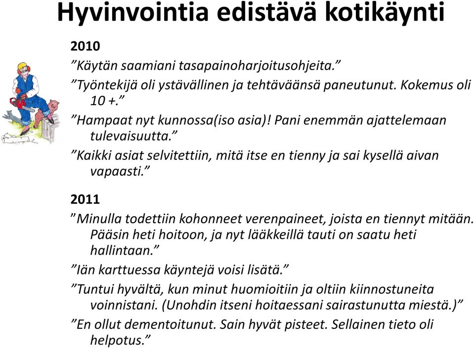 2011 Minulla todettiin kohonneet verenpaineet, joista en tiennyt mitään. Pääsin heti hoitoon, ja nyt lääkkeillä tauti on saatu heti hallintaan.