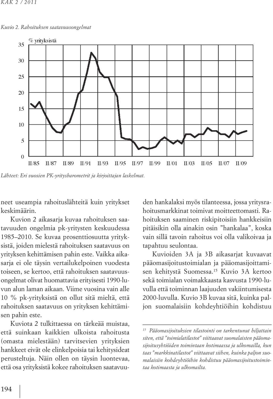 neet useampia rahoituslähteitä kuin yritykset keskimäärin. Kuvion 2 aikasarja kuvaa rahoituksen saatavuuden ongelmia pk-yritysten keskuudessa 1985 2010.