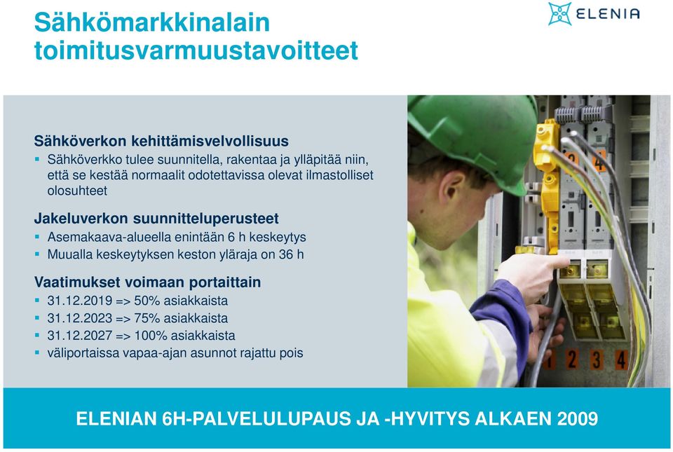 enintään 6 h keskeytys Muualla keskeytyksen keston yläraja on 36 h Vaatimukset voimaan portaittain 31.12.2019 => 50% asiakkaista 31.12.2023 => 75% asiakkaista 31.