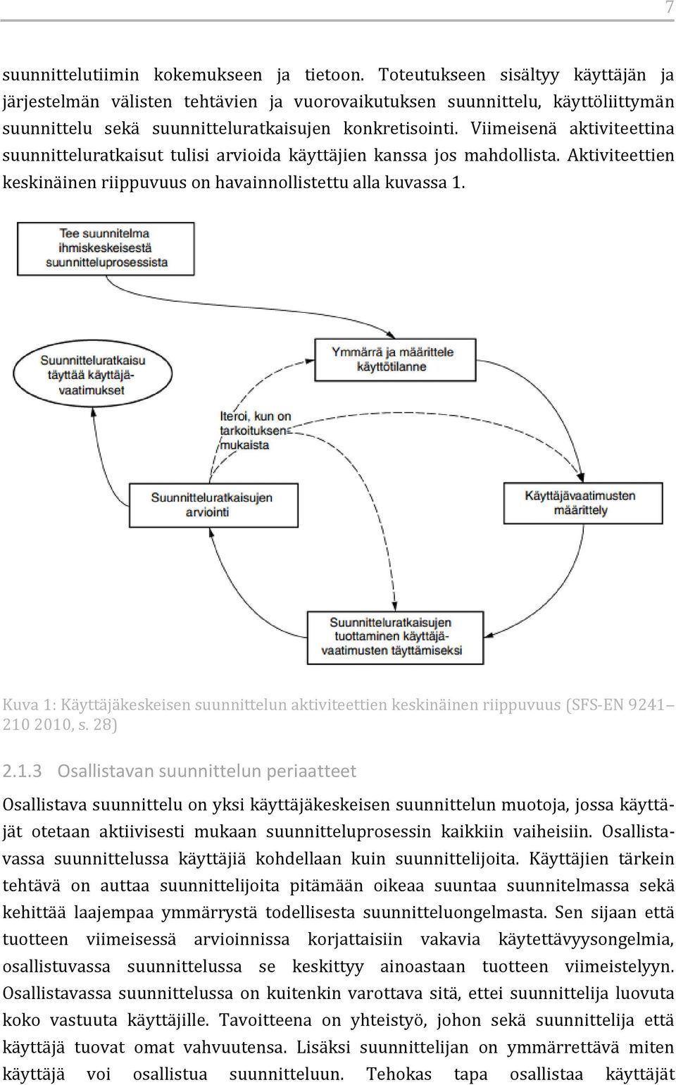 Viimeisenä aktiviteettina suunnitteluratkaisut tulisi arvioida käyttäjien kanssa jos mahdollista. Aktiviteettien keskinäinen riippuvuus on havainnollistettu alla kuvassa 1.