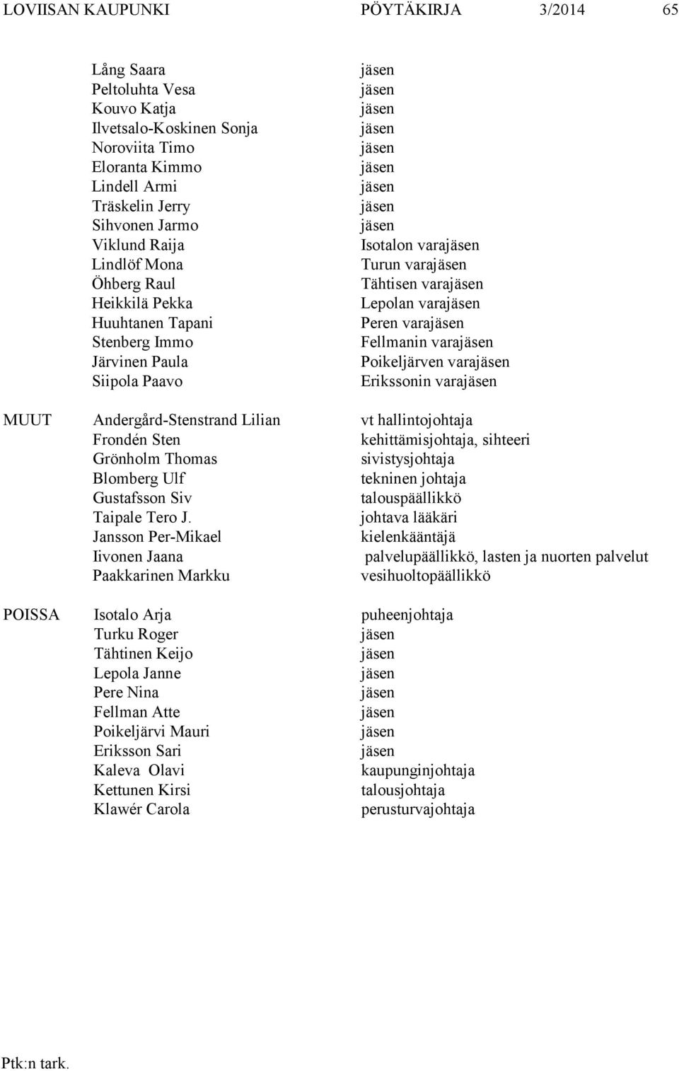 vara MUUT Andergård-Stenstrand Lilian vt hallintojohtaja Frondén Sten kehittämisjohtaja, sihteeri Grönholm Thomas sivistysjohtaja Blomberg Ulf tekninen johtaja Gustafsson Siv talouspäällikkö Taipale