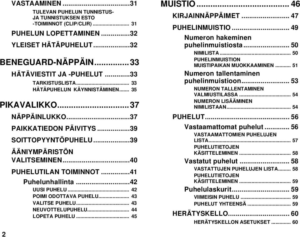 ..41 Puhelunhallinta...42 UUSI PUHELU... 42 POIMI ODOTTAVA PUHELU... 43 VALITSE PUHELU... 43 NEUVOTTELUPUHELU... 44 LOPETA PUHELU... 45 MUISTIO... 46 KIRJAINNÄPPÄIMET... 47 PUHELINMUISTIO.