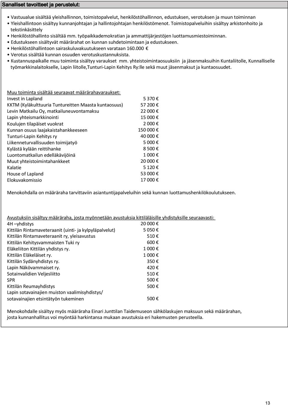 Edustukseen sisältyvät määrärahat on kunnan suhdetoimintaan ja edustukseen. Henkilöstöhallintoon sairaskuluvakuutukseen varataan 160.000 Verotus sisältää kunnan osuuden verotuskustannuksista.