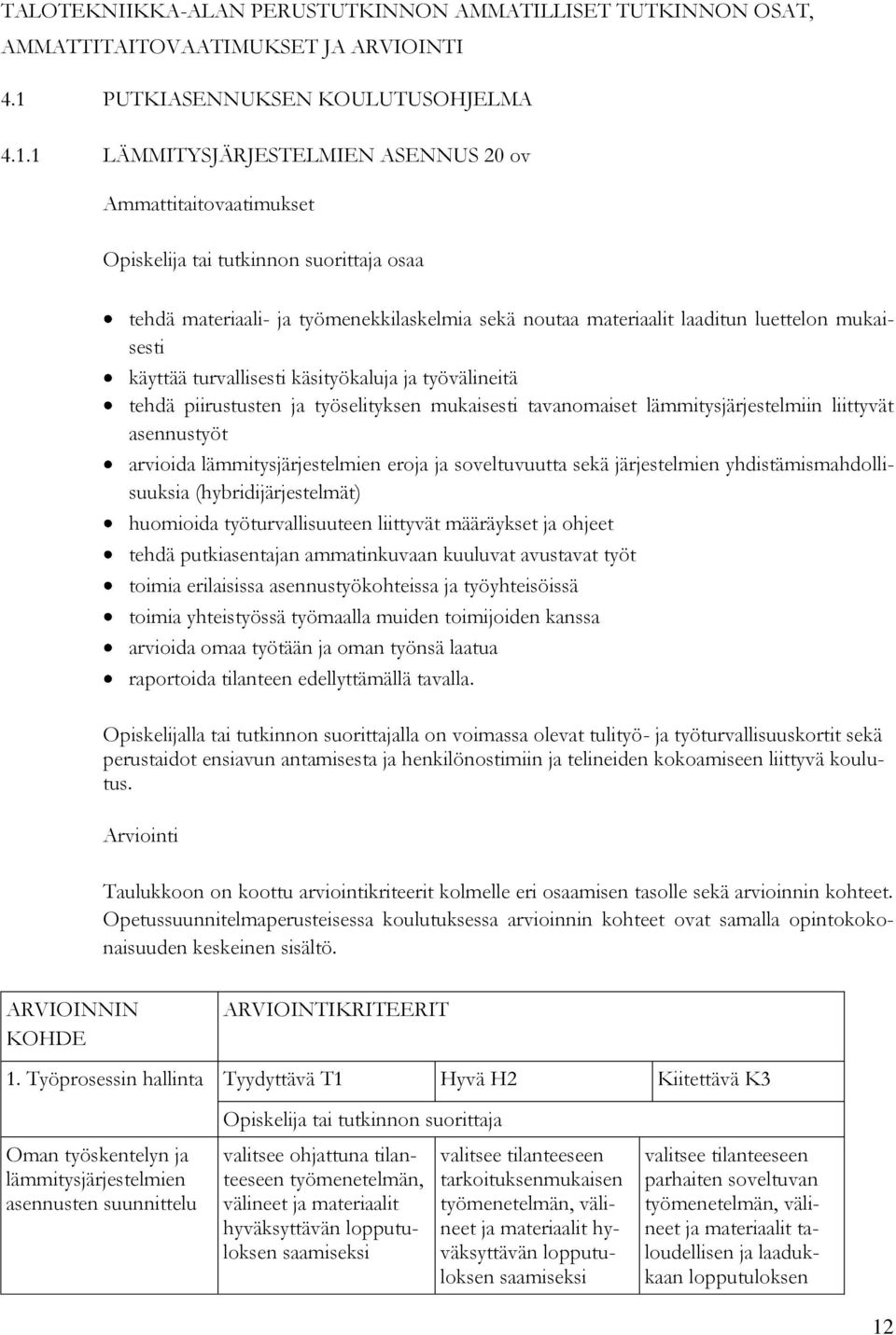 1 LÄMMITYSJÄRJESTELMIEN ASENNUS 20 ov Ammattitaitovaatimukset osaa tehdä materiaali- ja työmenekkilaskelmia sekä noutaa materiaalit laaditun luettelon käyttää turvallisesti käsityökaluja ja