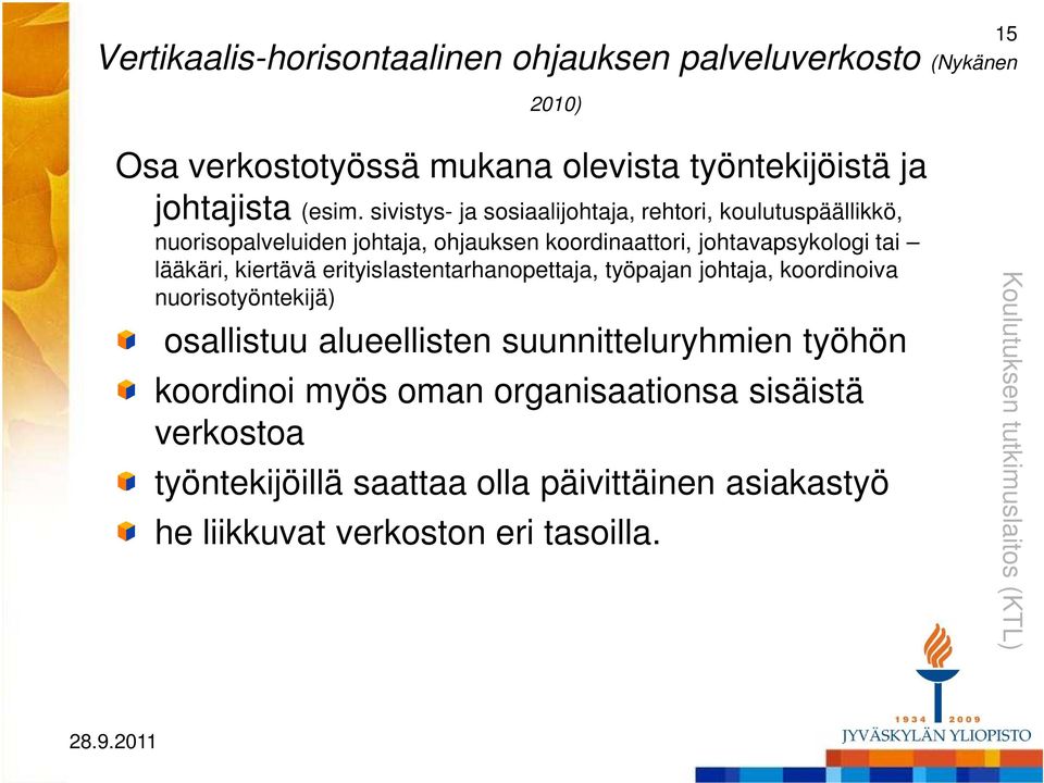 kiertävä erityislastentarhanopettaja, työpajan johtaja, koordinoiva nuorisotyöntekijä) osallistuu alueellisten suunnitteluryhmien työhön