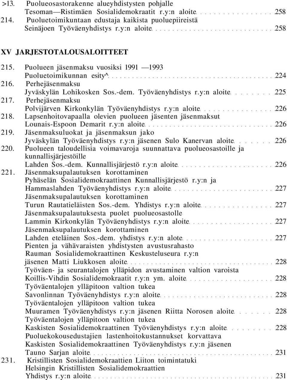 y:n aloite 225 217. Perhejäsenmaksu Polvijärven Kirkonkylän Työväenyhdistys r.y:n aloite 226 218. Lapsenhoitovapaalla olevien puolueen jäsenten jäsenmaksut Lounais-Espoon Demarit r.y:n aloite 226 219.